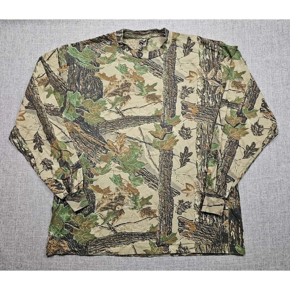 VINTAGE Jerzees Outdoors Shirt Mens XL Beige Camo Bark Long Sleeve Hunting USA